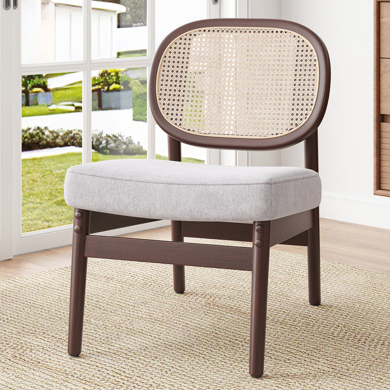 Rattan Accent Chair, Upholstered Living Room Chair with Rattan Back & Wood Frame, Mid-Century Modern Reading Chair for Living Room, Bedroom, Beige