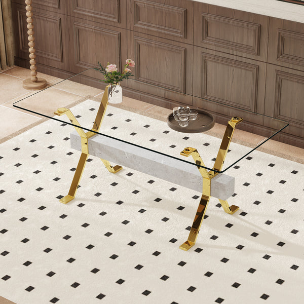 Dining table. Modern tempered glass dining table. Large modern office desk with gold plated metal legs and gray MDF crossbars, suitable for both home and office use. Kitchen. 71 ''x35.4''x30 '' 1105