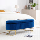 Storage Bench Bedroom Bench, Velvet Oval Upholstered End of Bed Bench with Golden Metal Legs,50'Modern Storage Ottoman Bench for Bedroom, Living Room,Entryway,Window, Blue