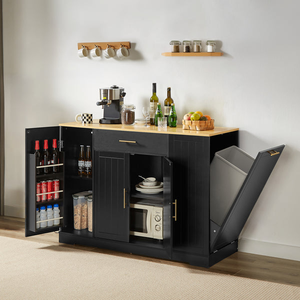 53 inch Large Kitchen Island with Trash Can Storage Cabinet, Islands Table with Drawer  and Adjustable Shelves, Breakfast Bar Cabinet for 13 Gallon Garbage Bin, Black & Oak