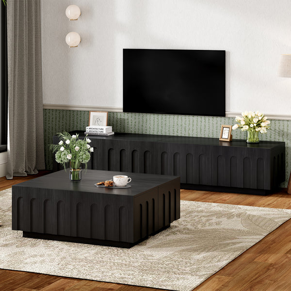 ON-TREND Elegant TV Stand & Coffee Table Set of 2, Multi-Functional Media Console with Arched Design for TVs Up to 80', Modern Dual Purpose Center Table with Drawers for Living Room, Bedroom, Black