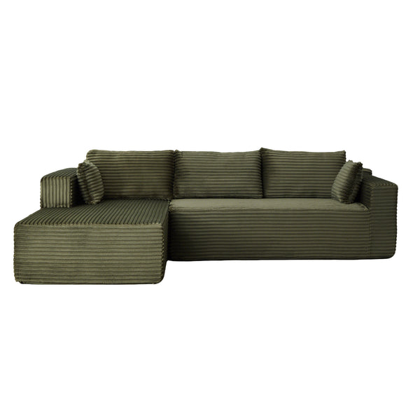Compression Sectional Couch with Comfy Chaise, Boneless L Shape Sofa with Deep Seat, Minimalist Modular Couches Sleeper for Living Room Bedroom Apartment Lounge,corduroy,Green