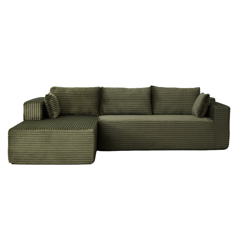 Compression Sectional Couch with Comfy Chaise, Boneless L Shape Sofa with Deep Seat, Minimalist Modular Couches Sleeper for Living Room Bedroom Apartment Lounge,corduroy,Green