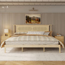 King Size Pine Wooden, Solid Wooden Bed with Rattan Headboard, Reinforced by Support Wood Legs,Natural