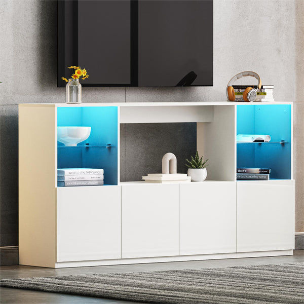 ON-TREND High Gloss TV Stand with LED Lights, Modern Sideboard with Large Storage Cabinet, Media Console with Tempered Glass Shelves for TVs up to 75', Living Room, White, 67'Wx13.7'D