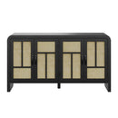59' Wide Black Rattan Sideboard Buffet Cabinet with 4 Doors & Adjustable Shelves - Matte Black Finish, Natural Rattan Accents, Engineered Wood Construction
