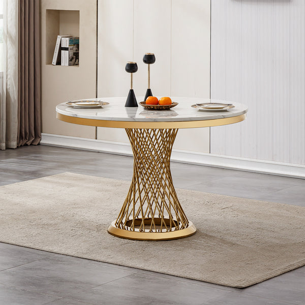 47' Round Marble Dining Table, Modern Kitchen Table with High Gloss Faux Marble Tabletop and Stainless Steel Base for Dining Room, Kitchen (Gold,White)(Only a table)