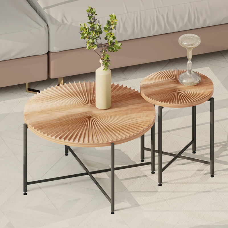 Radial Pattern 2-Piece Coffee and End Table Set – Waterproof MDF with PVC Cover, Distressed Cylindrical Design, Black Metal Legs – Classic Rustic Charm, Red Cedar-Brown