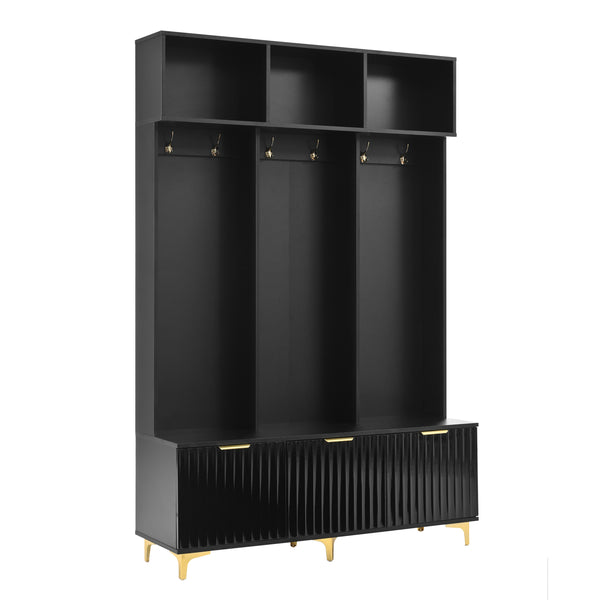 Modern Large Storage Hall Tree with Bench, Multifunctional Storage Bench with High Gloss Fluted Doors, Luxurious Coat Rack with 6 Gold Hooks and Legs for Entryway, Living Room, Black