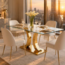 Modern Glass Dining Table, 63' Luxury Kitchen Table with Gold Stainless Steel C-Shaped Pedestal Base, Rectangular Tempered Glass Executive Desk for Dining Room, Office, Conference, Seats 6-8