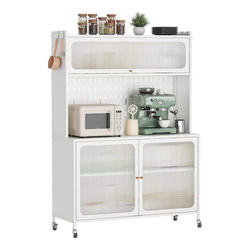 Contemporary Kitchen Pantry Cabinet with Glass Doors, Adjustable Shelves, White Steel, 39.37x17.72x64.06 inches