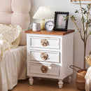 Vintage Farmhouse End Table with Floral Knobs – 19' Rustic Nightstand with 3 Drawers & Gourd Legs,Bedside or Sofa Accent Table, Almost Fully Assembled, Distressed White