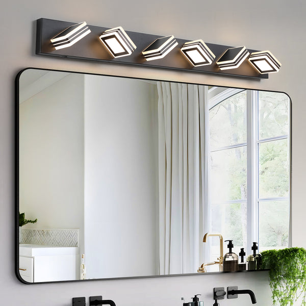 39' Modern Black 6-Light LED Vanity Light, Square Acrylic Lampshades Wall Mount Fixture for Bathroom, Mirror Lighting