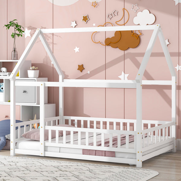 White Full Size Floor Wooden Bed with House Roof Frame and Fence Guardrails