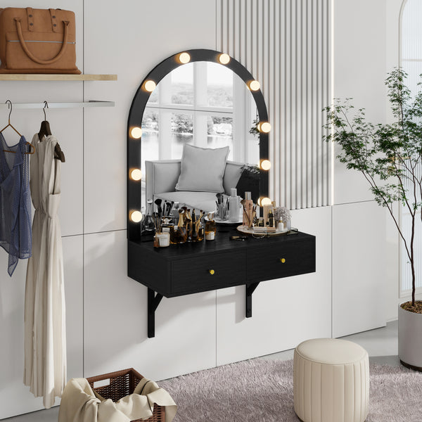 Floating Makeup Vanity Desk with Mirror & 3-Color Lights, Wall Dressing Table with Power Outlet, Compact vanity, Large Storage, Black