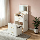 3-in-1 Vanity Desk with Power Outlet & LED Mirror, 23.6' Flip-Up Dressing Table with Charging Station, 3 Drawers, Glass Top, and Padded Stool for Bedroom