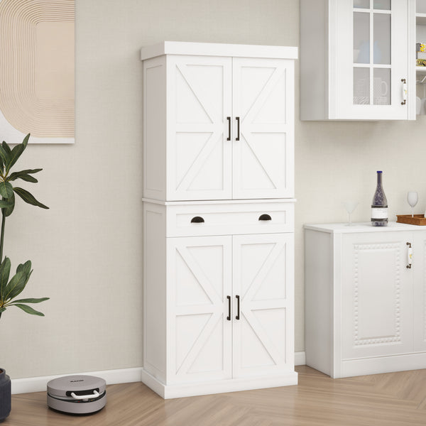 71' Kitchen Pantry Storage Cabinet  with 4 Doors(2Doors with Racks),1 Drawer, 2 Adjustable Shelves, Freestanding Cupboard for Kitchen, Dining Room and Living Room-White