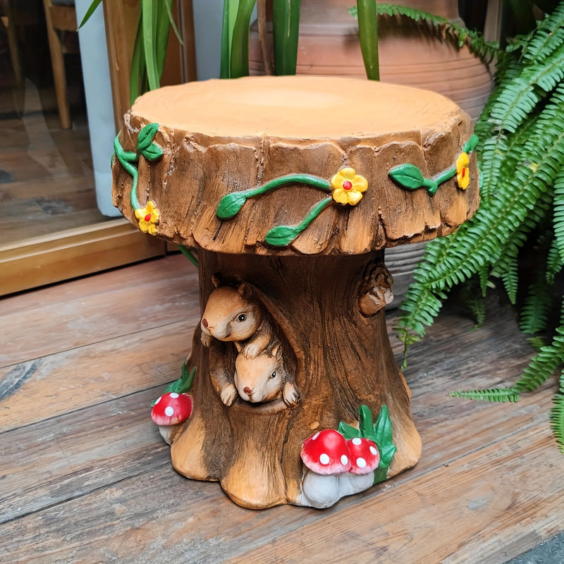 Resin Squirrel Garden Chair Decoration, 12.6-inch Unique Outdoor/Indoor Decoration, Round Outdoor Chair Suitable for Backyards and Terraces