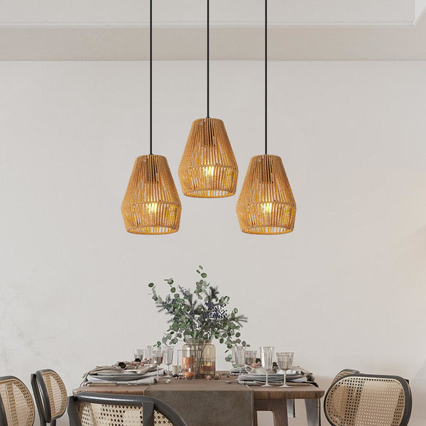 7' Set of 3 Rustic Hemp Rope Pendant Light, Handcrafted Farmhouse Hanging Light Fixture, Adjustable Height Ceiling Lamp for Kitchen Island, Dining Room, or Living Room, Natural Woven Design (No Bulbs)