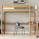Twin Size Loft Bed with Desk, Boucle Upholstered Headboard and Footboard  with Ladder, Safety Guardrails,  Rubber Wooden Loft Bed,Natural