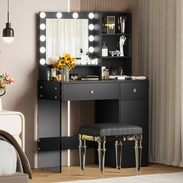 Vanity Desk with Mirror and 3 Lighting Modes, Makeup Vanity with Glass Top and Storage Shelves, Dressing Table with 2 Drawers and Cabinet, Black