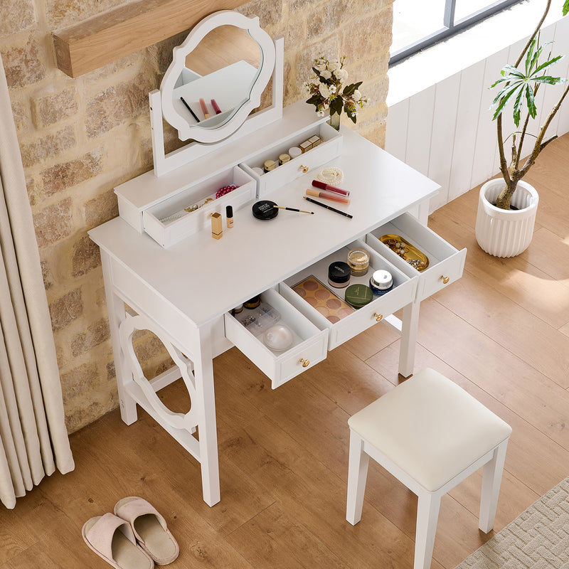 Compact Makeup Vanity Table with Reversible Mirror, Dressing Table Set with Stool, Space-Saving Beauty Station for Small Places, White