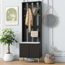 ON-TREND Modern Luxury 4-in-1 Hall Tree with Cushion, Versatile Coat Rack with 8 Gold Hooks and Legs, Entryway Bench with Adjustable Shelves & Fluted Doors for Hallway, Living Room, Black, 23.6'*70.8'