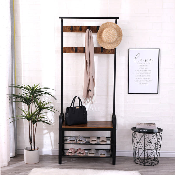 Coat Rack, Hall Tree with Shoe Bench for Entryway, Entryway Bench with Coat Rack, 4-in-1, with 9 Removable Hooks, a Hanging Rod, 15 x 28 x 71 Inches, Rustic Brown and Black
