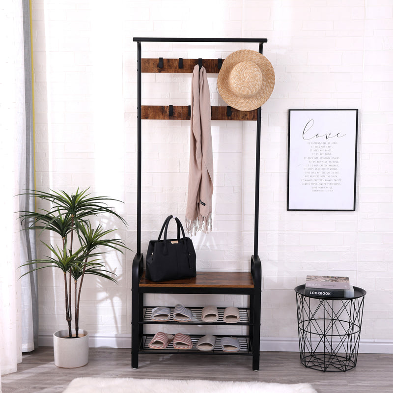 Coat Rack, Hall Tree with Shoe Bench for Entryway, Entryway Bench with Coat Rack, 4-in-1, with 9 Removable Hooks, a Hanging Rod, 15 x 28 x 71 Inches, Rustic Brown and Black