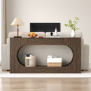 Walnut Wood Grain Console Table with Drawer, Engineered Particle Board Modern Entryway Sofa Table, Oval Hollow Frame Narrow Accent Table for Hallway Living Room, 11.8'D x 63'W x 31.5'H
