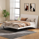 Queen Size Upholstered Bed Frame, Pu Leather Platform Bed with Wave-Like Curve Design and Trapezoidal-Shaped Leg, No Box Spring Needed, White