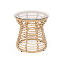 SAN PEDRO Boho Style Side Table with Tempered Glass Top in Light Brown Rattan