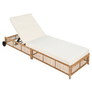 TREXM Outdoor Lounge Chair, 5-Position Adjustable Rattan Chaise with Cushion and Wheels in Natural+Beige, Iron Frame with PE Rattan and Polyester Upholstery