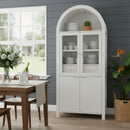 71' Fluted Tall Arched Pantry Cabinet with Adjustable Shelves, Elegant Display Storage with Hidden Drawer & Glass Door for Kitchen, Living Room, Dining Room, White