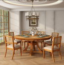 7-Piece French Country Functional Dining Table Set, Extendable Round Wood Dining Table + 6 Rattan Dining Chairs, Space-Saving Kitchen Dinner Furniture, Versatile for Dining Room Living Room Small Apar