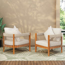 [Set of 2] Acacia Wood Outdoor Club Chair with Handwoven Rope Accents & Curved Backrest - Water-Resistant Boho Patio Lounge Chair with Removable Cushions for Porch, Garden