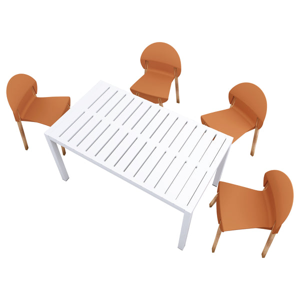 4-Pack Tropical Orange Chairs – Red Oak Wood Legs & PP Seat with 55 Inch Indoor/Outdoor Multi-Purpose White Modern Long Table - Lightweight PP Tabletop with Metal Legs