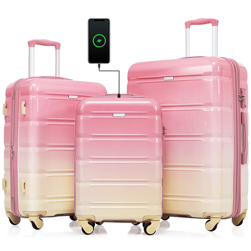 Luggage Set of 3, 20-inch with USB Port, Airline Certified Carry-on Luggage  , ABS+PC Hard Shell Luggage with Spinner Wheels,pink
