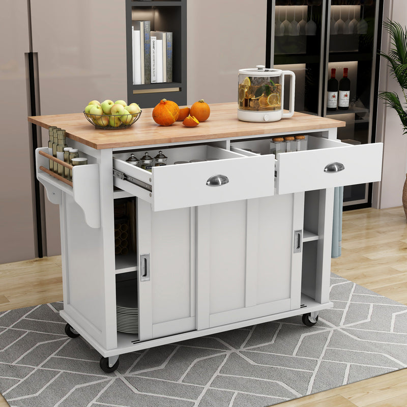 Kitchen Cart with Rubber wood Drop-Leaf Countertop, Concealed sliding barn door adjustable height,Kitchen Island on 4 Wheels with Storage Cabinet and 2 Drawers,L52.2xW30.5xH36.6 inch, White