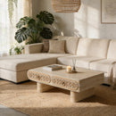 Rounded Edge Coffee Table with Flower Pattern Solid Wood Drawer, Coffee Table for Living Room, Office