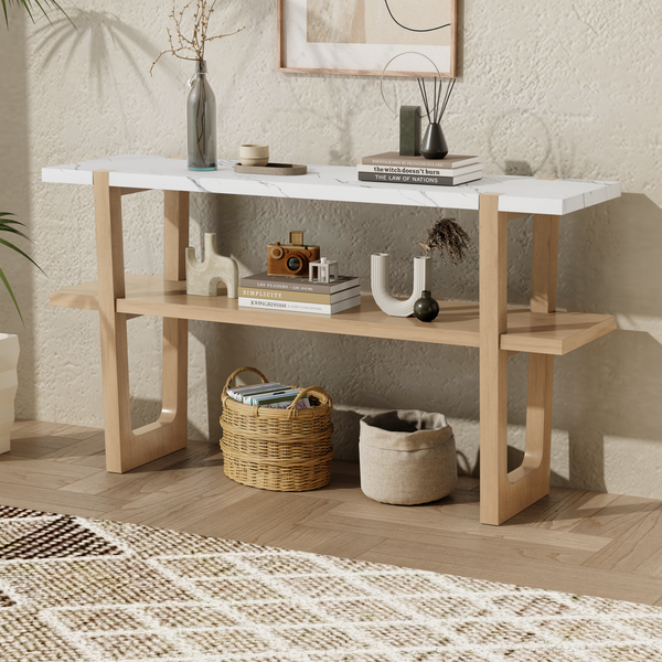 TREXM Narrow Console Table with Marble-Effect Top, Retro Entryway Table with Open Shelf, Sofa Table for Entryway, Hallway and Living Room (Natural)