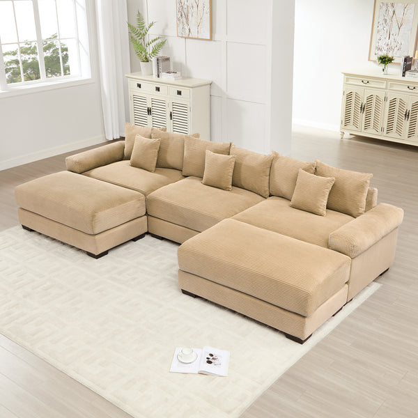 130' Oversized Cloud Modular Sectional Couch, Premium Corduroy Fabric, 3-Seater Deep Seat Wide Armrests,  With Chaise,Ergonomic Design, Easy Assembly For Lounges Living Room,Camel