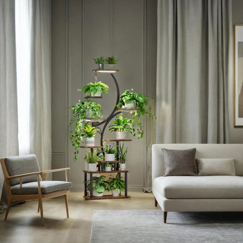 8-Tier Indoor Plant Stand with Grow Lights, 61 in S-Shaped Metal Shelf for Multiple Plants, Black
