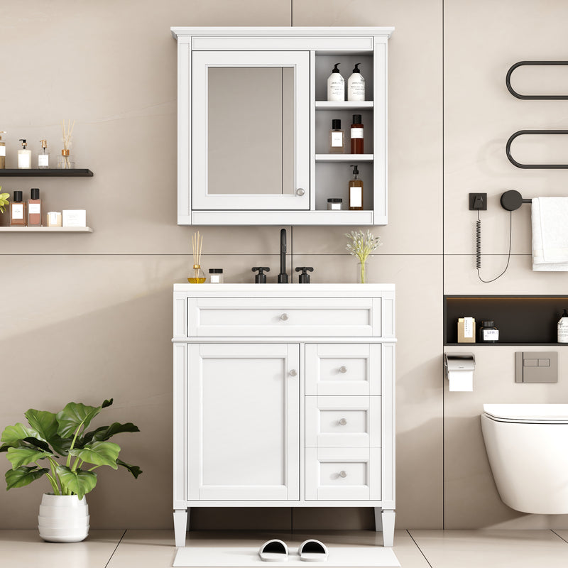 30'' Bathroom Vanity with Top Sink, Modern Bathroom Storage Cabinet with 2 Drawers and a Tip-out Drawer, Freestanding Vanity Set with Mirror Cabinet, Single Sink Bathroom Vanity