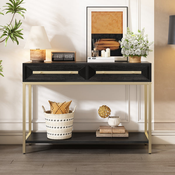 TREXM Entryway Table, Console Table with Two Drawers, Retro Hallway Table with Striking Geometric Design for Entryway and Living Room (Black)