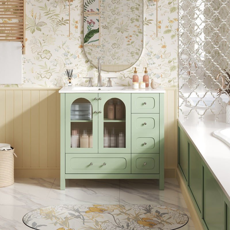 36' Bathroom Cabinet with Waffle Texture Doors, Bathroom Vanity with Four Drawers and Two Soft-Closing Doors, Bathroom Storage with Glass Doors