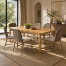7-Piece Dining Table Set, 70' Natural Solid Rubber Wood Dining Table with Round Thick Legs, 6 Arched PE Rattan Back Dining Chairs, Iron Frame, Beige Fabric Cushions, Indoor Dining Room Furniture