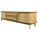 Modern Farmhouse Rattan TV Stand for TVs up to 75'', Solid Wood Legs, Natural Wood Finish Media Console with Storage Drawers and Sliding Doors