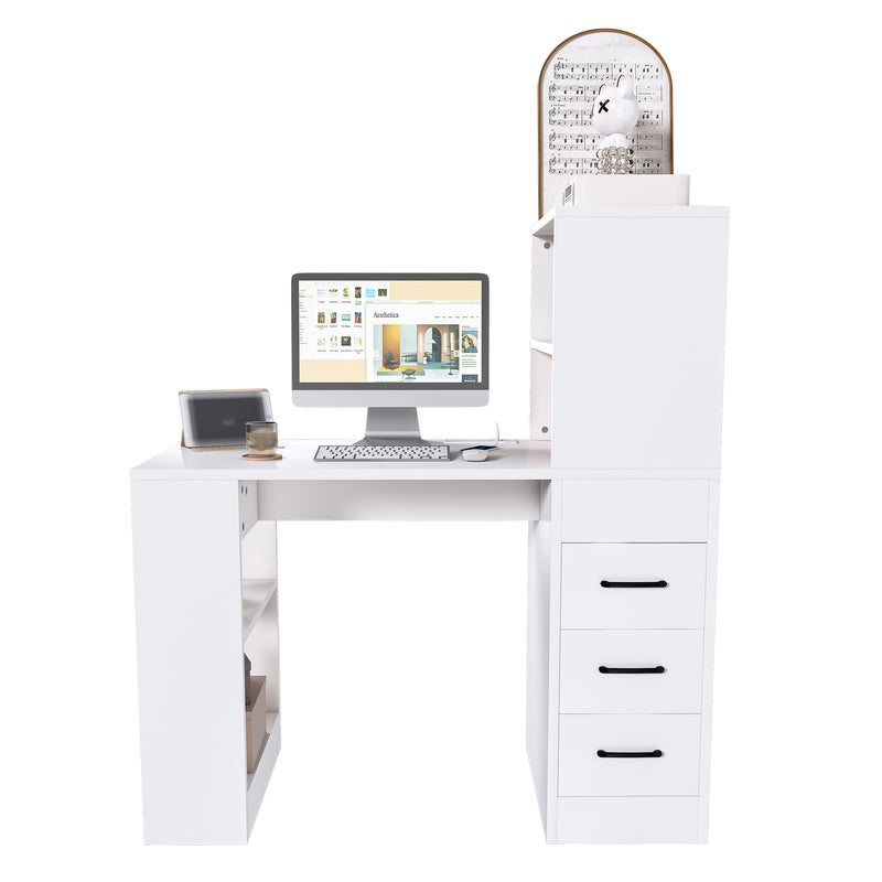 Modern White Computer Desk with Built-in Socket, 3 Slide Drawers, 4 Storage Levels, MDF, 43.31 x 19.69 x 47.24 inches