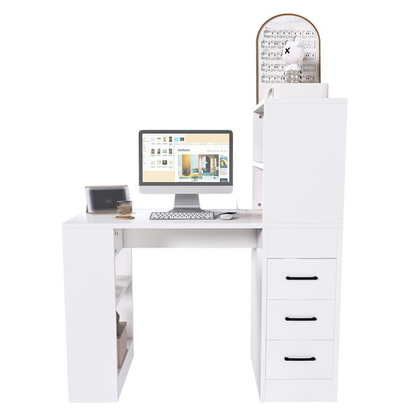 Modern White Computer Desk with Built-in Socket, 3 Slide Drawers, 4 Storage Levels, MDF, 43.31 x 19.69 x 47.24 inches